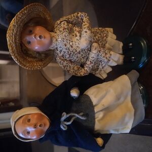 Vintage Porcelain Dolls with Floral Dress and Hat